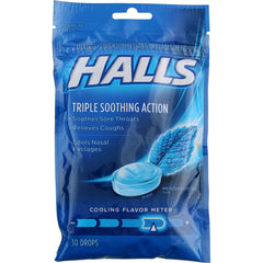HALLS Mentho-Lyptus Drops back view reveals resealable bag for freshness