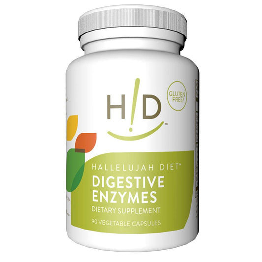 The Hallelujah Diet digestive enzymes bottle pour shows convenient meal-time support.