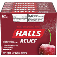 HALLS sticks open, showing nine drops per pack.