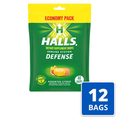 HALLS Defense citrus drops pack back showing dosing directions.