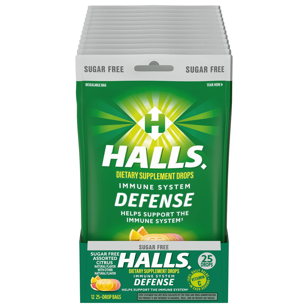 HALLS Defense front packaging for citrus sugar-free vitamin C drops.