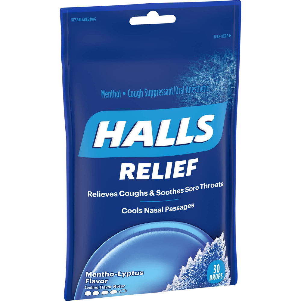 HALLS Mentho-Lyptus drops during a cough moment for soothing relief.