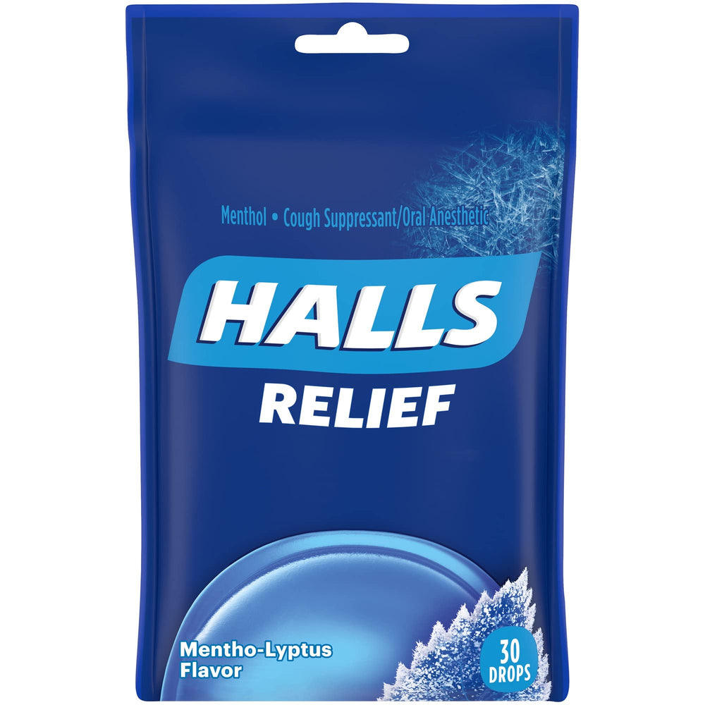 HALLS Mentho-Lyptus drops in a resealable bag for portable relief.