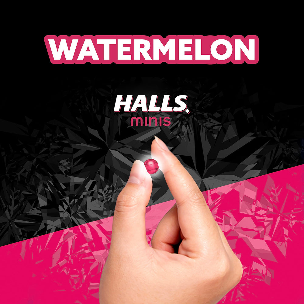 HALLS Minis Watermelon drops close-up shows texture and size.