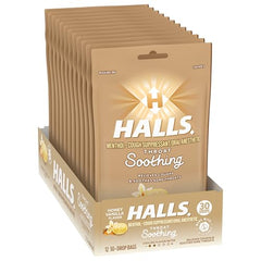 HALLS packaging front label emphasizes flavor and menthol action.