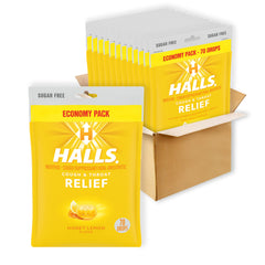 HALLS Relief Honey Lemon box shows portable, sugar-free cough drops for on-the-go relief.
