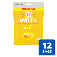 HALLS Relief Honey Lemon drops sealed bag highlights individually wrapped pieces for freshness.