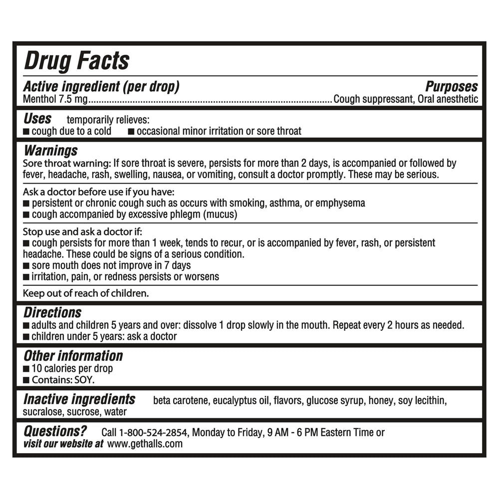 HALLS Relief Honey Lemon pack back label with usage and qty