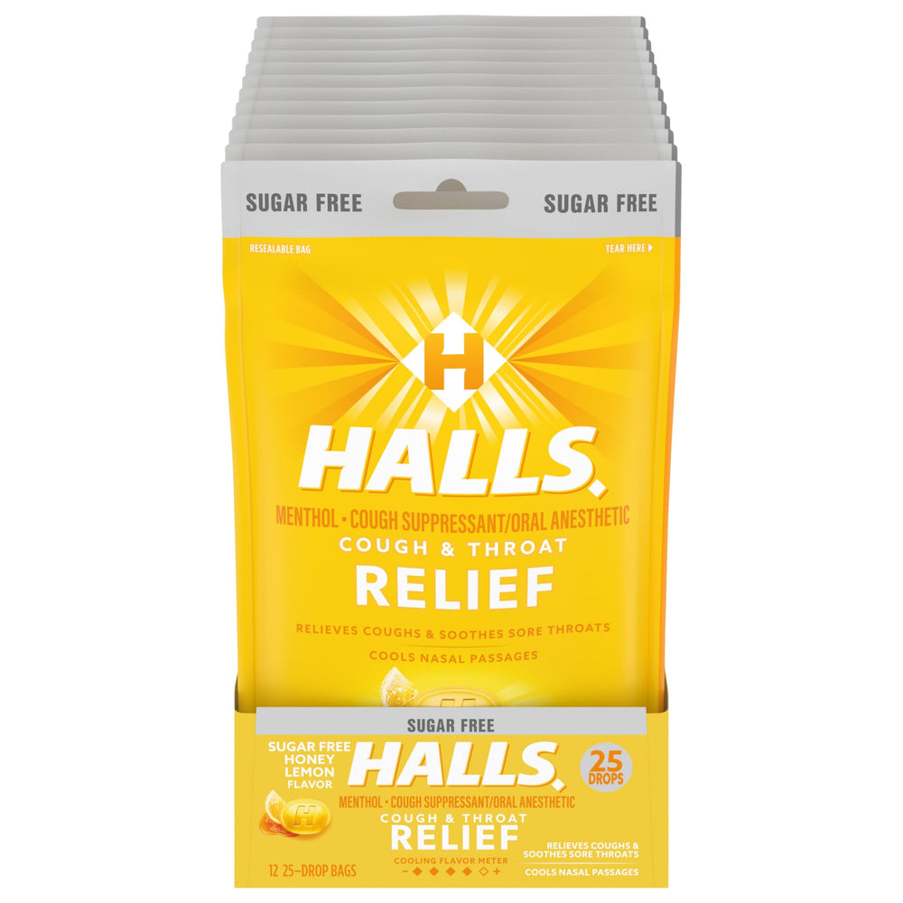 HALLS Relief honey lemon sugar-free drops in a pack for on-the-go cough relief.