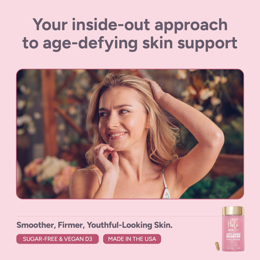 Halo Beauty Sakura packaged display suggests daily vegan capsules for consistent skin nourishment.
