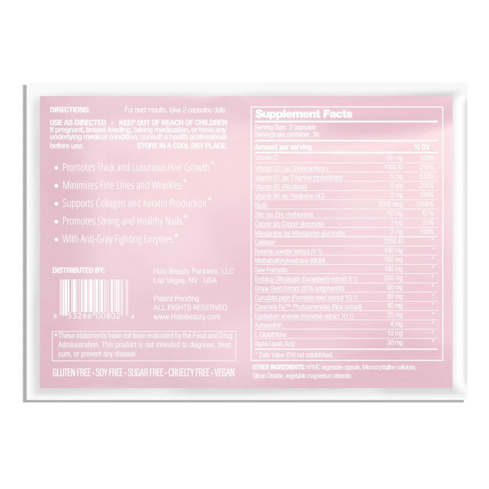 Halo Beauty woman taking capsules portrays daily wellness support during busy mornings.