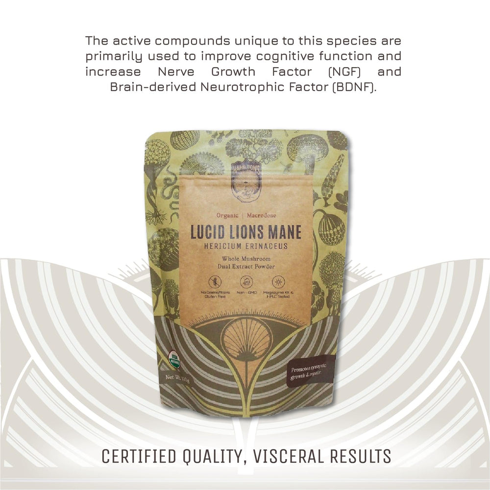 Organic-certified Hamilton's Lucid Lion's Mane packaging highlighting quality.