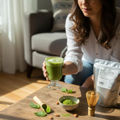 Hampton Distribution chlorella powder shake showing a vibrant green blend.