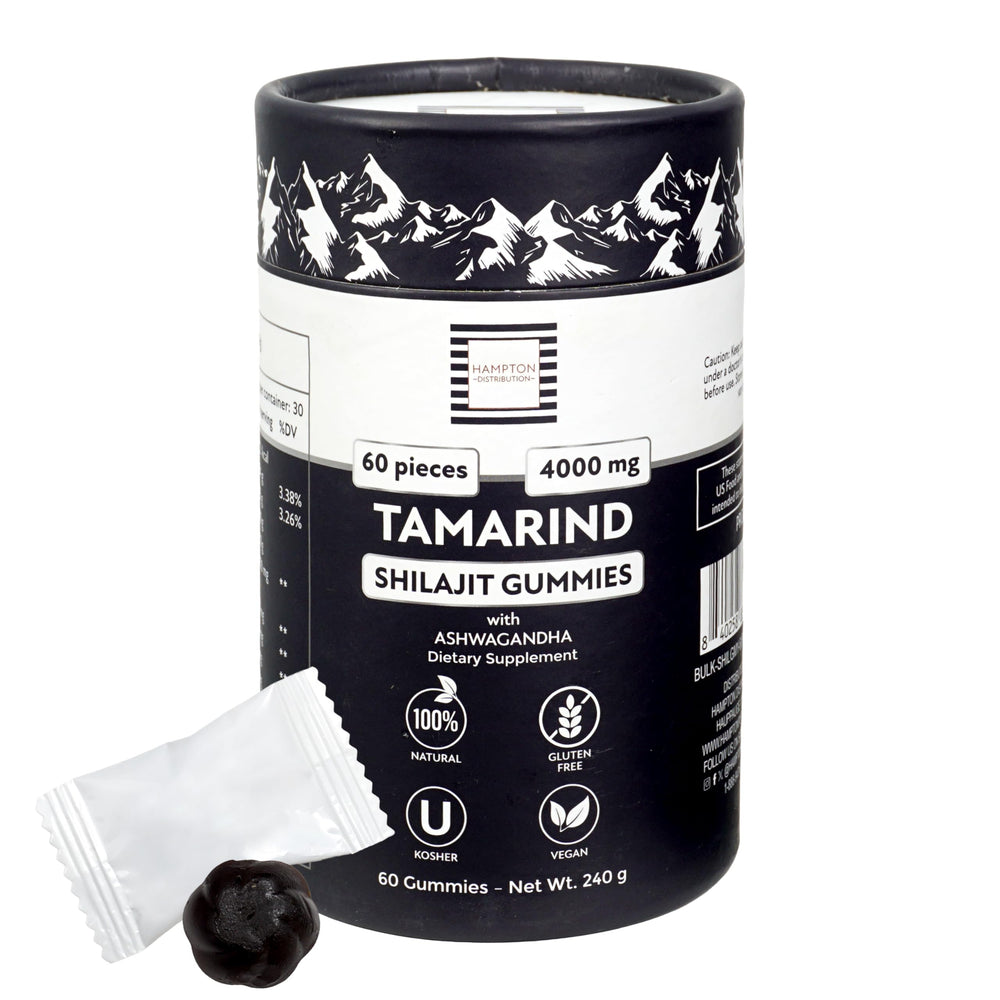 Hampton Distribution Shilajit Gummies label view emphasizing purity and certifications.