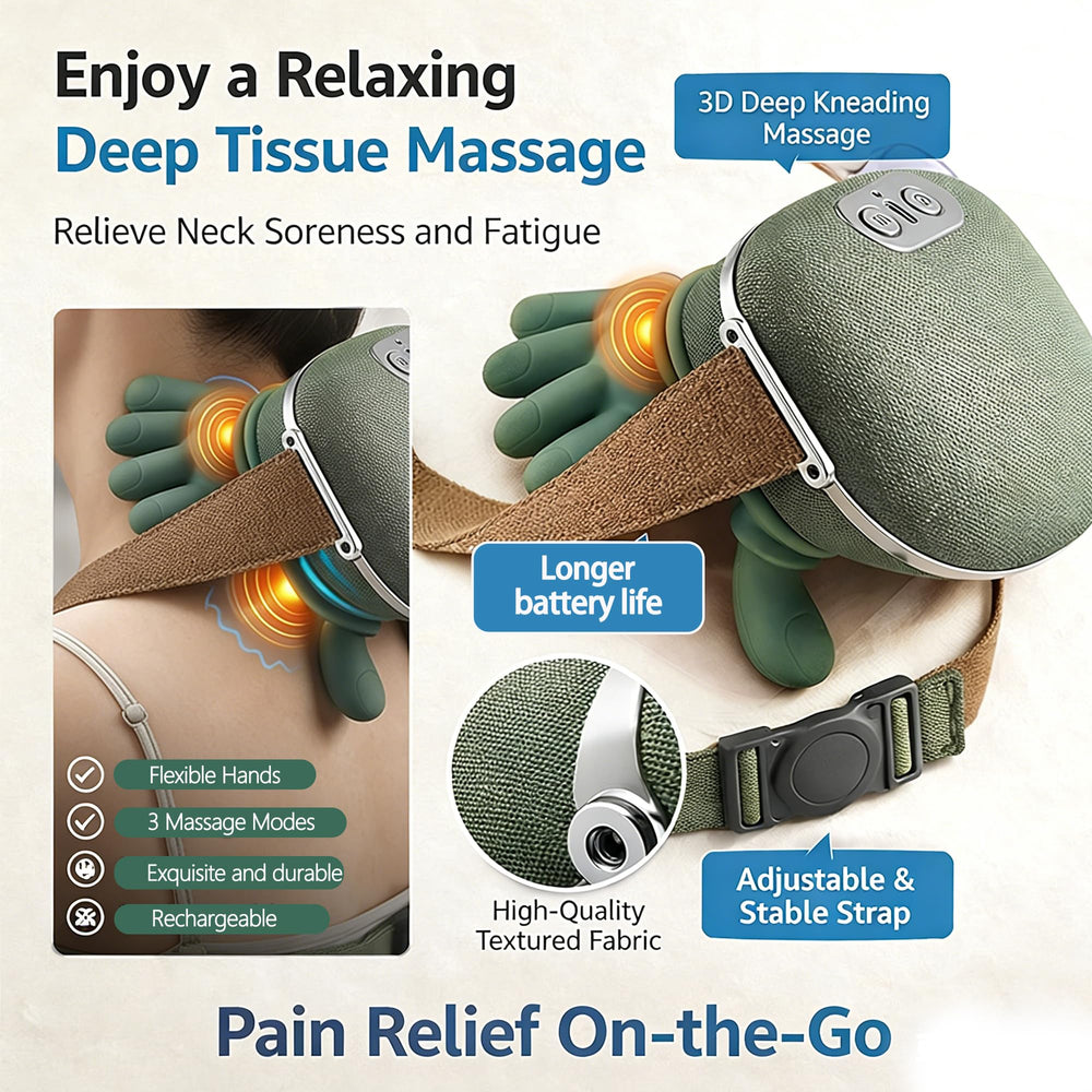 Hand Neck Massager airbag pinch close-up demonstrates soothing pressure.