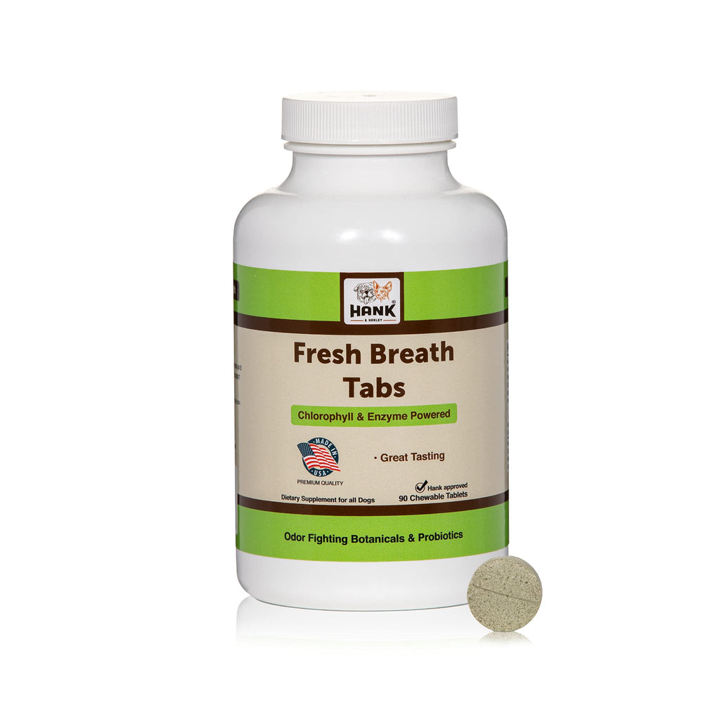 Hank & Harley Fresh Breath Tabs pack visible, promoting daily oral freshness for dogs.