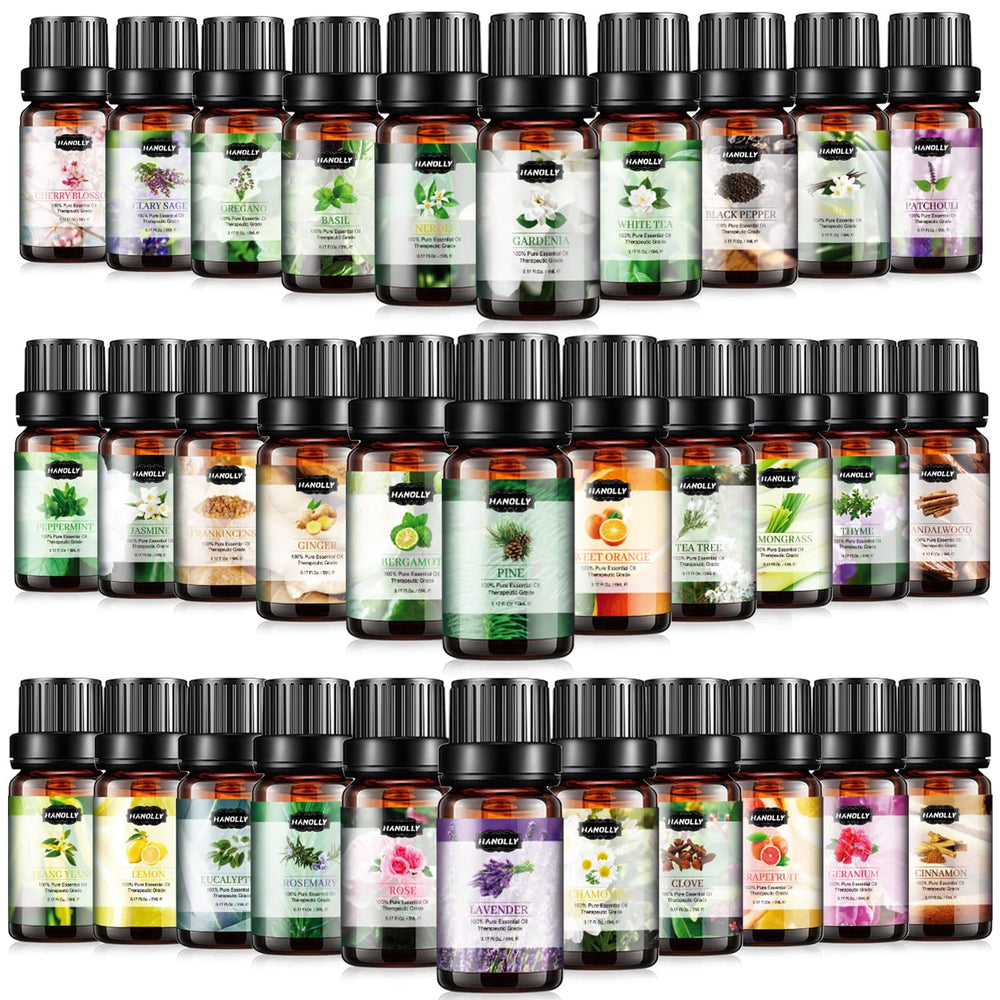 Hanolly Essential Oils Set with 32 bottles, ideal for diffusers and aromatherapy.