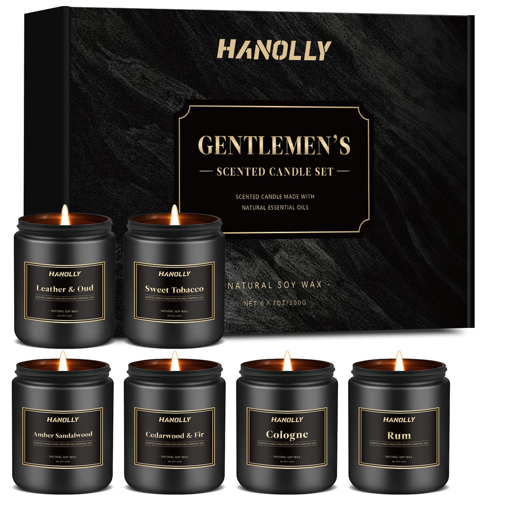 Hanolly Men's Scented Candle Gift Set with Leather Oud jar for bold masculine ambiance.