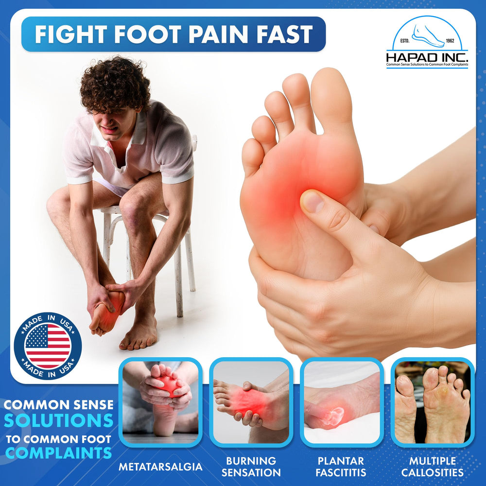 HAPAD self-adhesive metatarsal pads secure a steady fit inside your shoes.