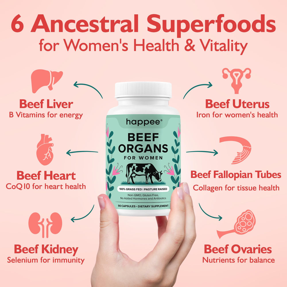 Happee beef heart, kidney, ovary and uterus capsules close-up for daily use
