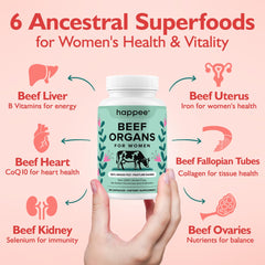 Happee beef heart, kidney, ovary and uterus capsules close-up for daily use