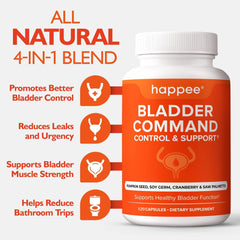 Happee Bladder Command capsules close-up highlighting easy-to-swallow design for daily use