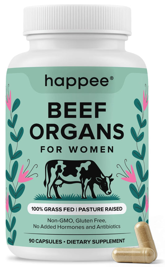Happee grass-fed beef organ supplement packaging for clean female nutrition