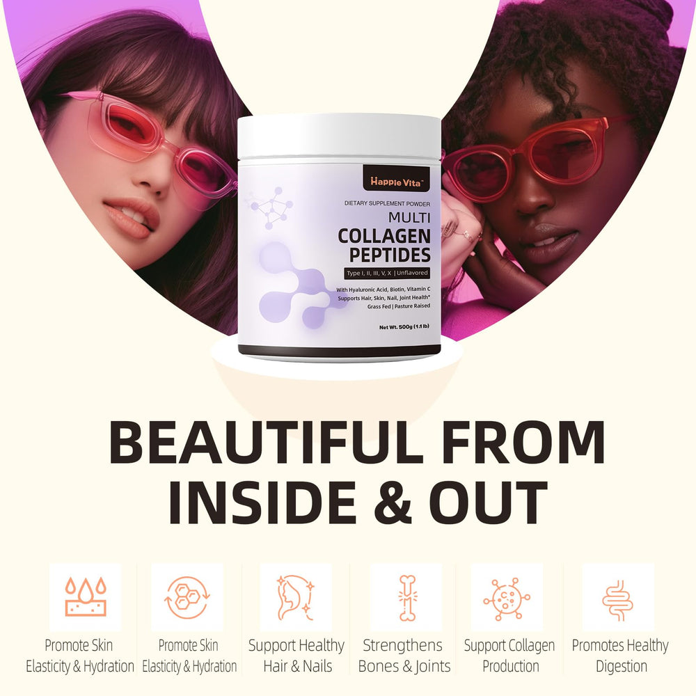 HappieVita collagen types I–X bottle displaying full spectrum blend
