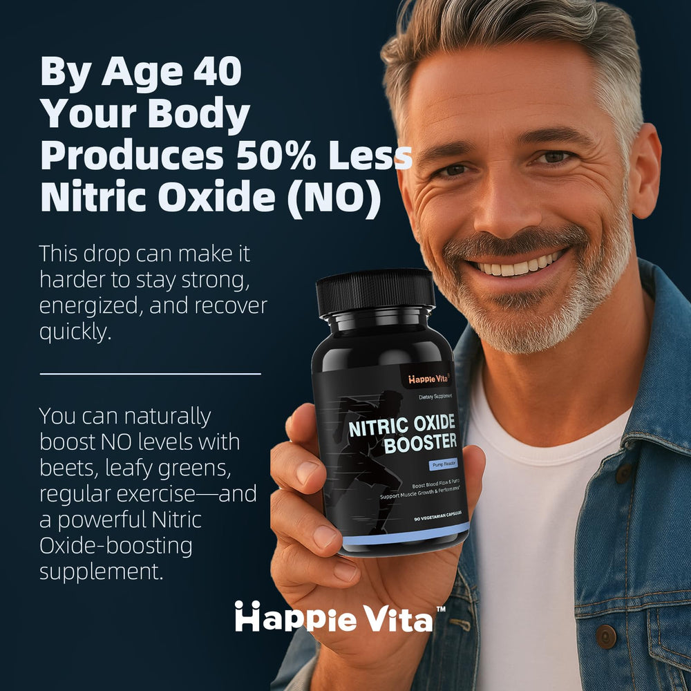HappieVita Nitric Oxide bottle-label close-up shows premium ingredients for better blood flow.