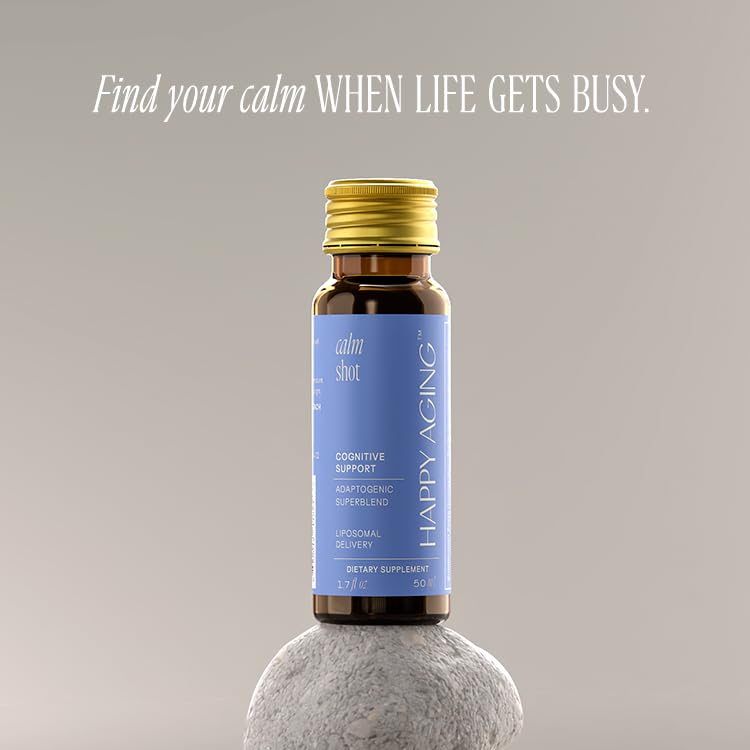 Happy Aging Cortisol Shots glass on counter highlights quick, calming intake during hectic moments.