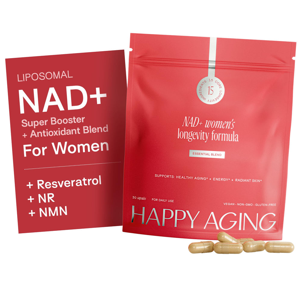 Happy Aging essential longevity formula bottle front for daily vitality support
