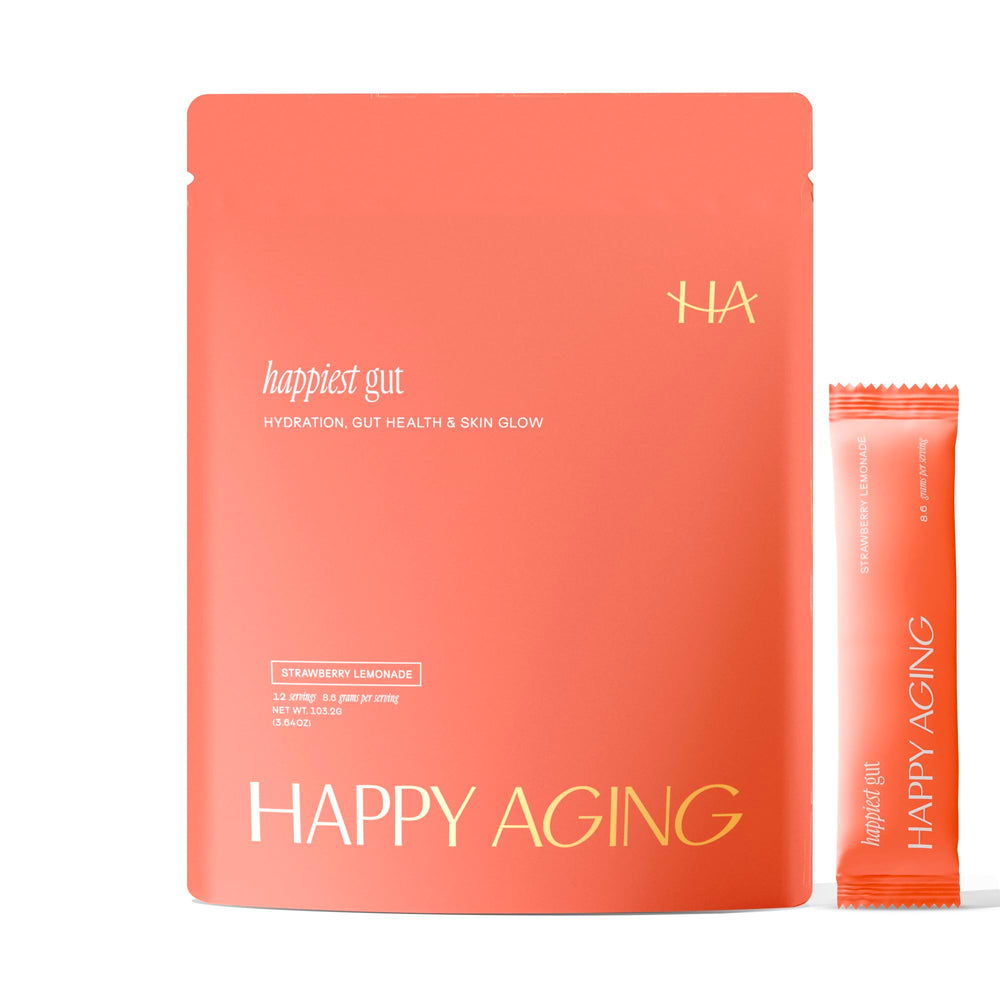 Happy Aging Happiest Gut bottle with strawberry lemonade powder for daily hydration