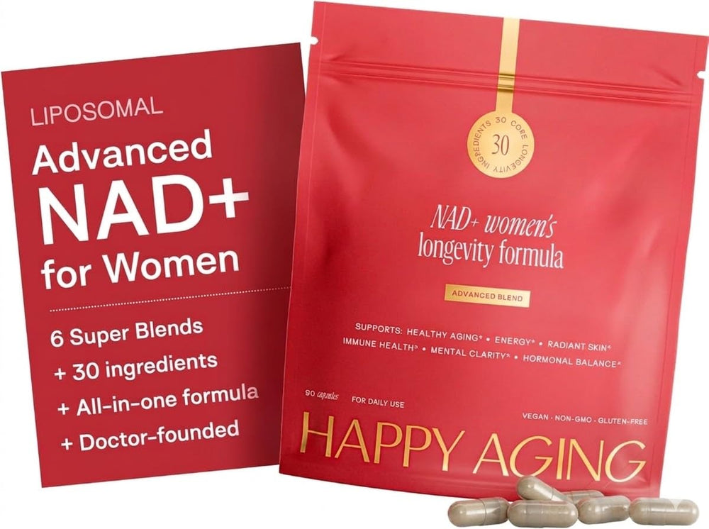 Happy Aging NAD+ Plus bottle front view highlighting premium packaging for daily vitality