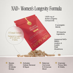 Happy Aging NAD+ Plus bottle opened to show capsules ready for routine