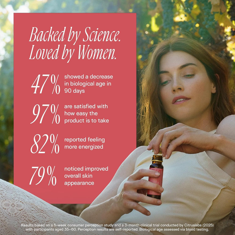 Happy Aging ready-to-drink shots pouring into a glass for convenience.