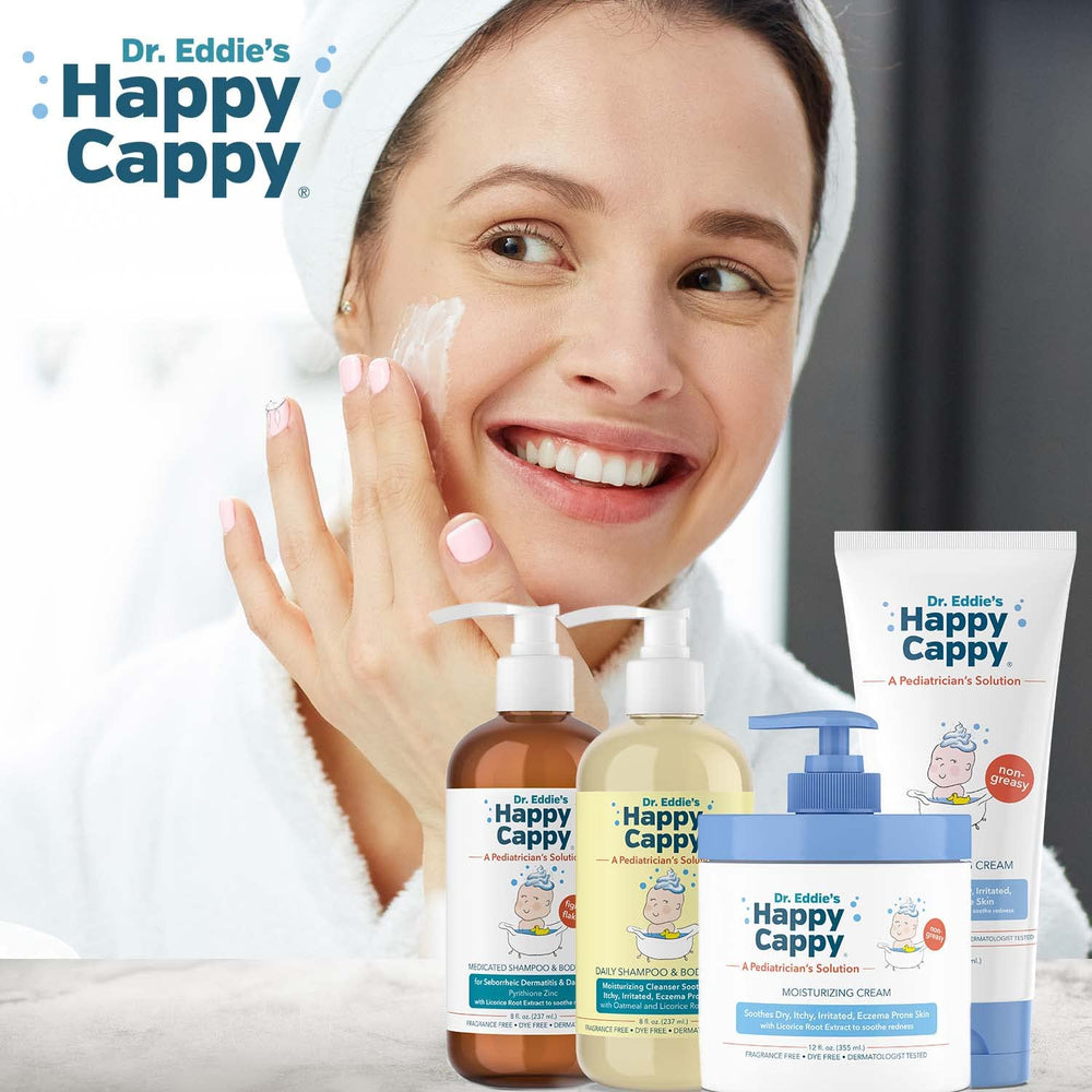 Happy Cappy closeup of cream application demonstrates quick bath-time hydration.