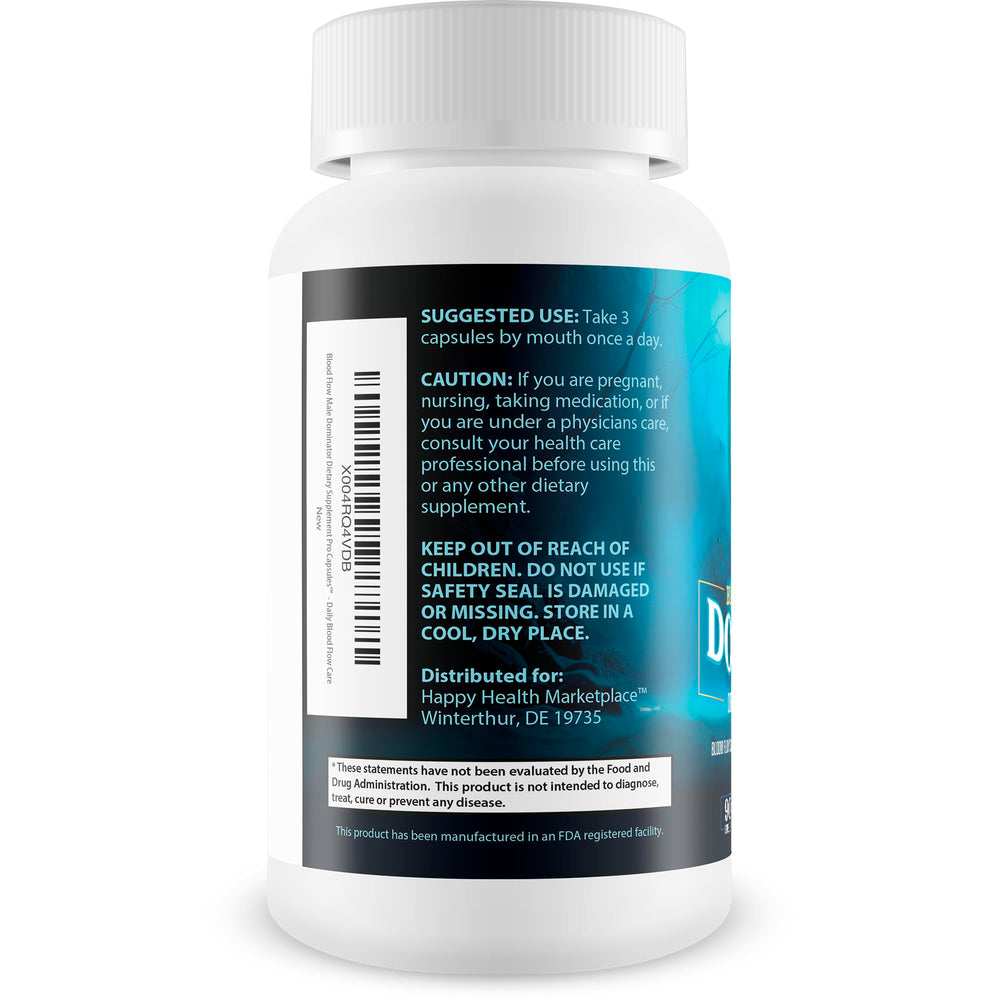 Happy Health Blood Flow Male Dominator label highlighting natural ingredients for blood flow support.