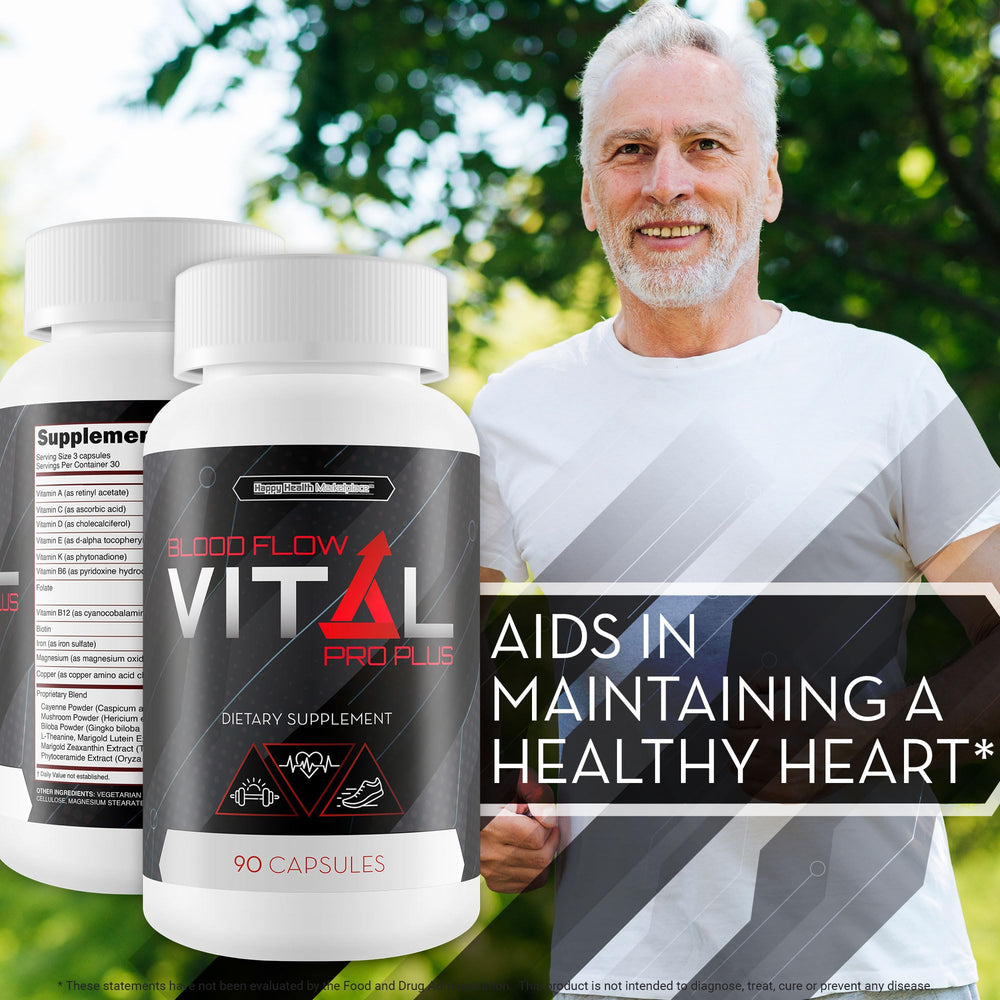 Happy Health Blood Flow Vital Pro Plus artery-health visual communicates vascular wellness concept.