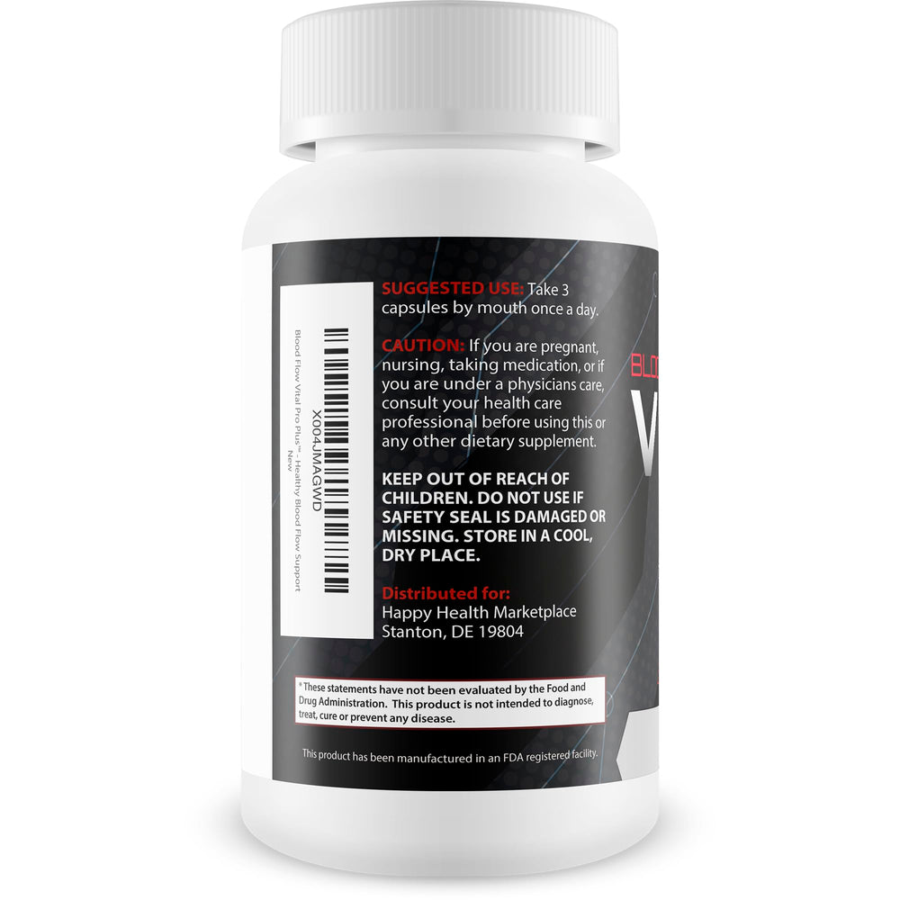 Happy Health Blood Flow Vital Pro Plus label view highlights premium vasodilator formula.