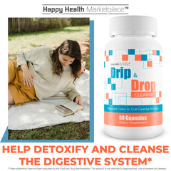 Happy Health Drip & Drop Cleanse capsules in hand for easy daily dosing.