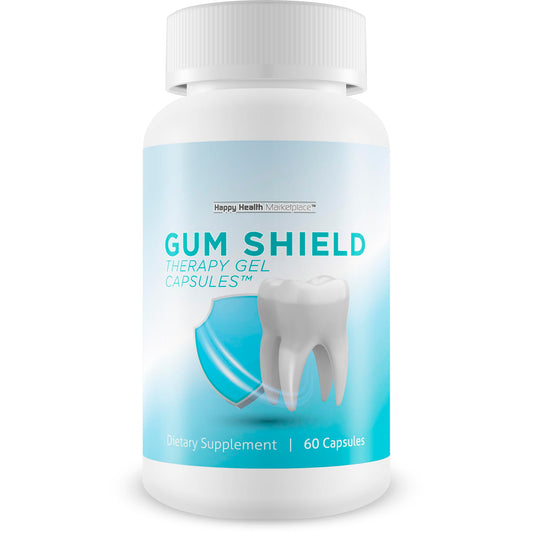 Happy Health Gum Shield Therapy bottle showing convenient capsules for daily mouth support and fresh breath.