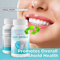 Happy Health Gum Shield Therapy bottle highlights breath freshness and odor control benefits.