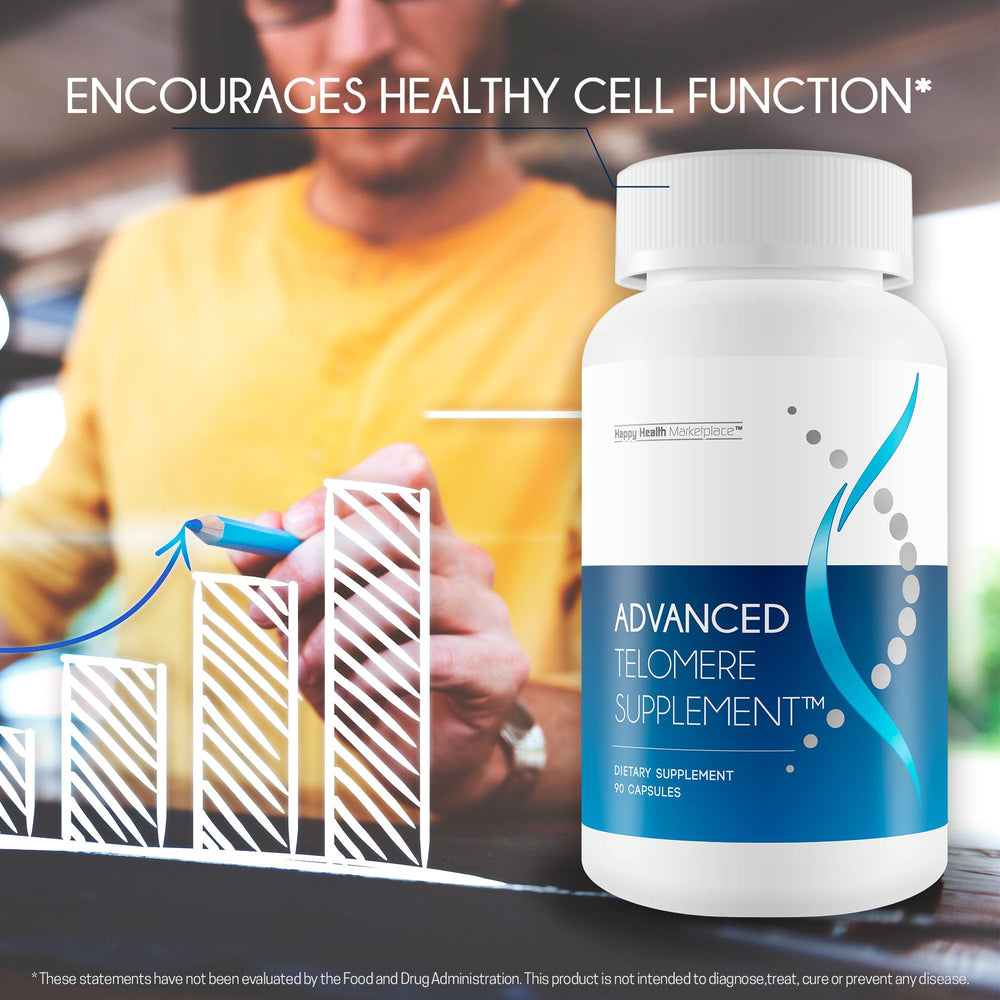 Happy Health Marketplace Advanced Telomere ingredients display botanicals and antioxidants for resilience.
