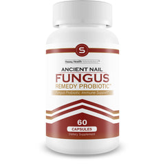 Happy Health Marketplace Ancient Nail Fungus Remedy Probiotic bottle supports nail health and immune balance.