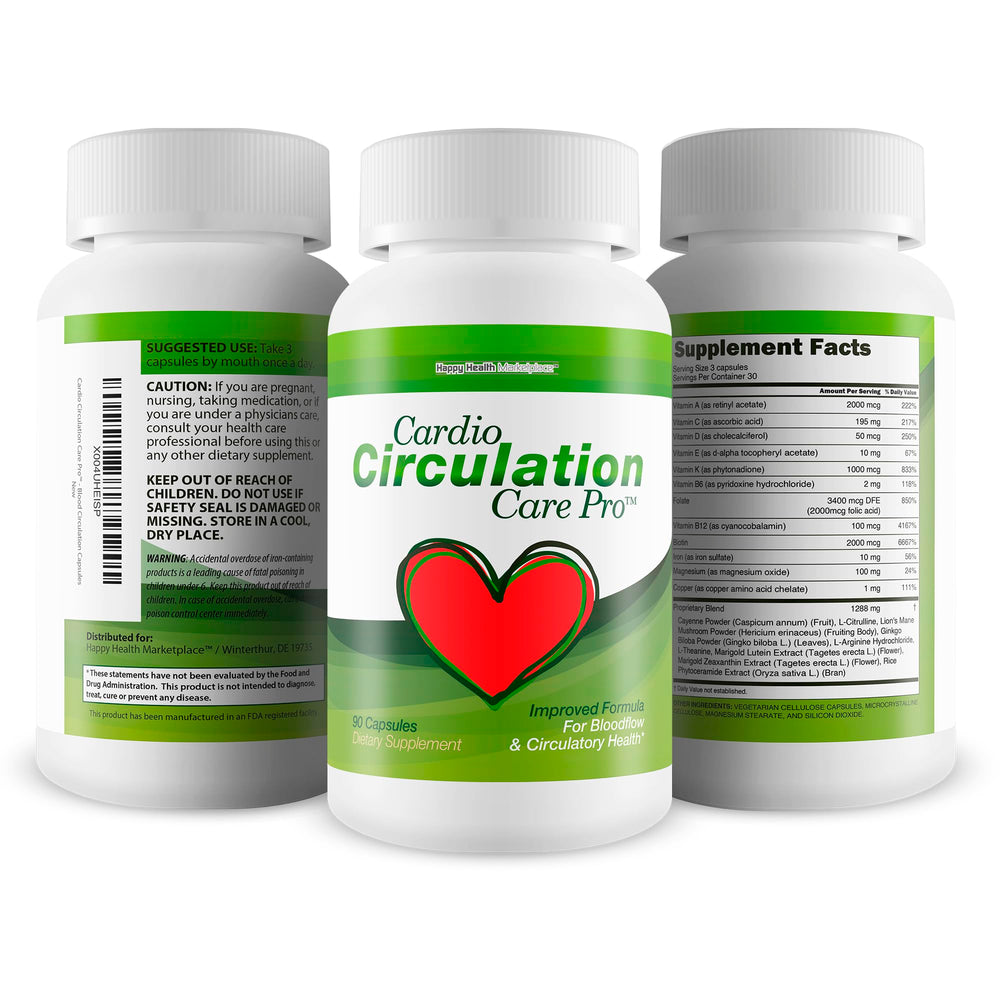 Happy Health Marketplace Cardio Circulation Care Pro ingredients panel highlights vitamin blend.