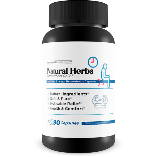Happy Health Marketplace Natural Herbs Hemorrhoids Capsules bottle close-up for gentle relief