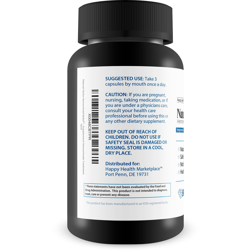 Happy Health Marketplace Natural Herbs Hemorrhoids Capsules dosing guide shows daily use