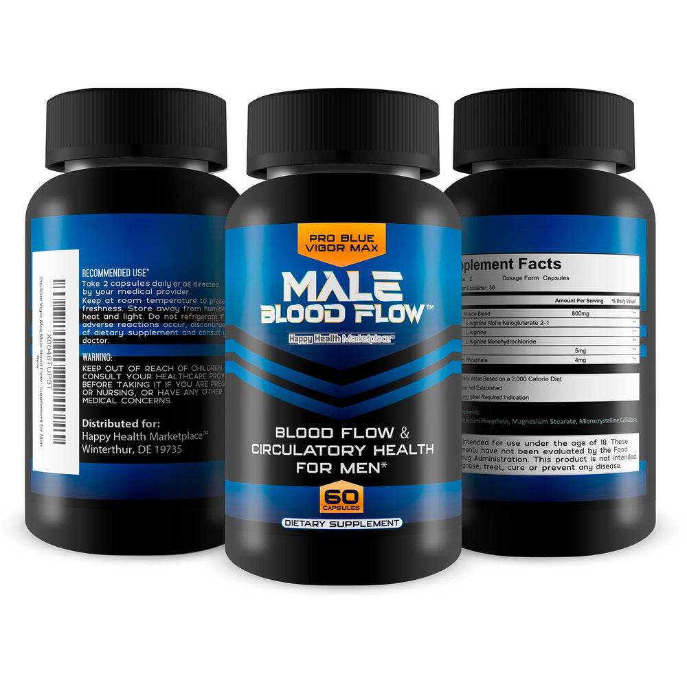 Happy Health Marketplace Pro Blue Vigor Max bottle packaging showcases USA-made quality