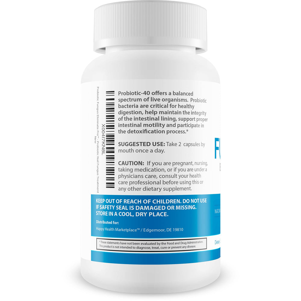 Happy Health Marketplace Probiotic Fungus Eliminate Pro label highlights USA-made quality.