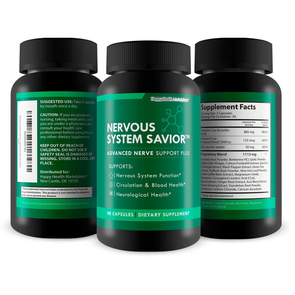 Happy Health Nervous System Savior bottle pour showing easy on-the-go dosing